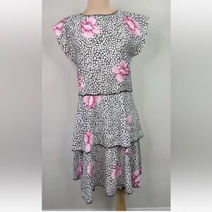 Vintage Leslie Fay Pink Hibiscus Floral Peplum Rockabilly Dress Women's 8 M